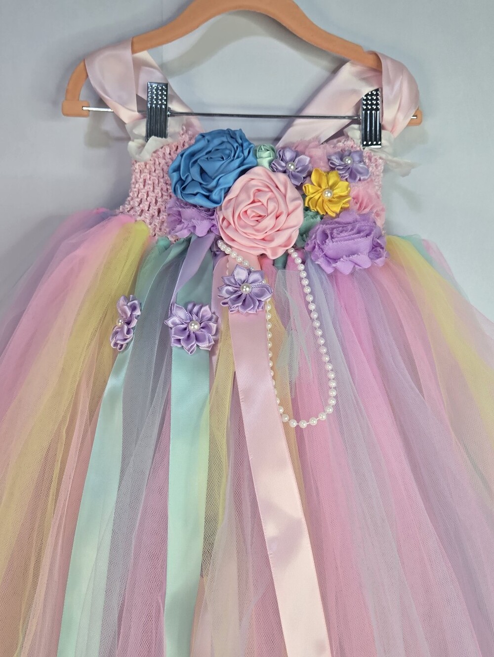 ANGEL TUTU Girls Size 6x-7 Pastel Floral Tulle Dress, Flower Embellishments - Picture 2 of 11